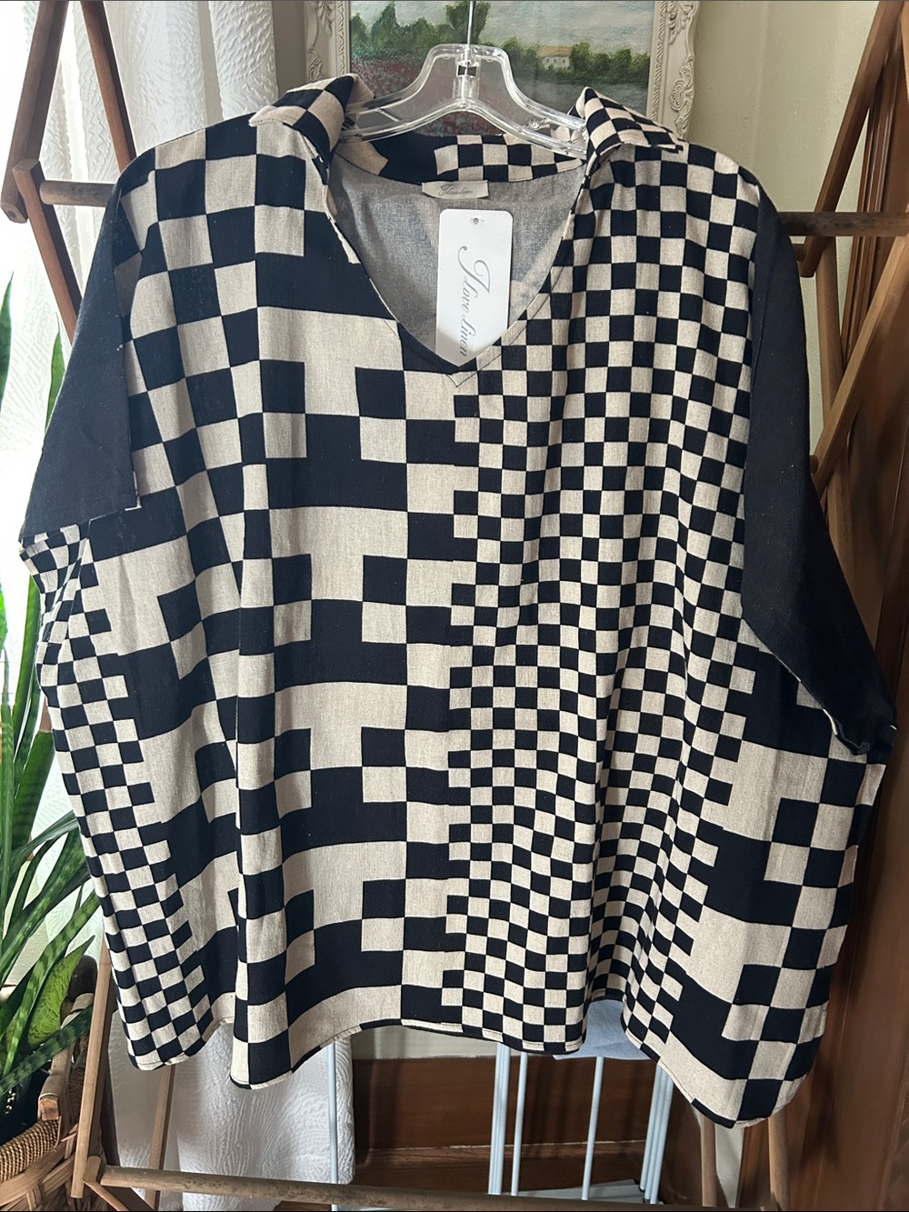 Black & Cream Checkered and Indian oversized Linen Top NWT retail $99